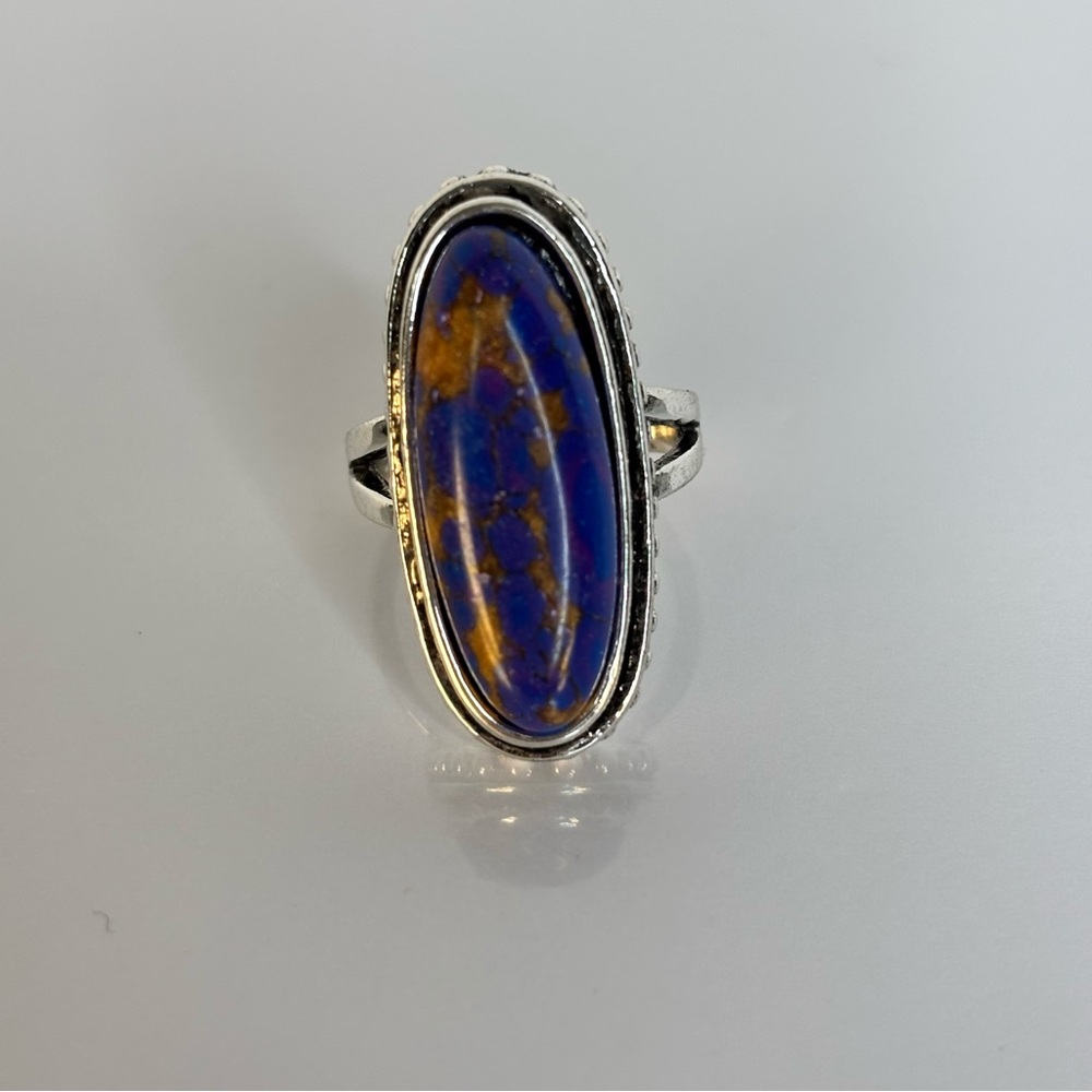 Blue and Gold Oval Stone Ring - Women’s Silver Band Size 7